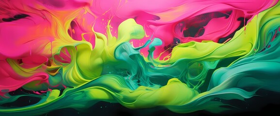 Explosive waves of neon green and electric pink merging in a fluid symphony, creating a visually stunning abstract masterpiece.