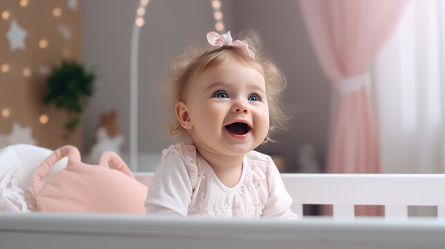A cute little 1-2 year old baby with blonde hair is standing in a crib and laughing. Happy childhood. Kids's emotions