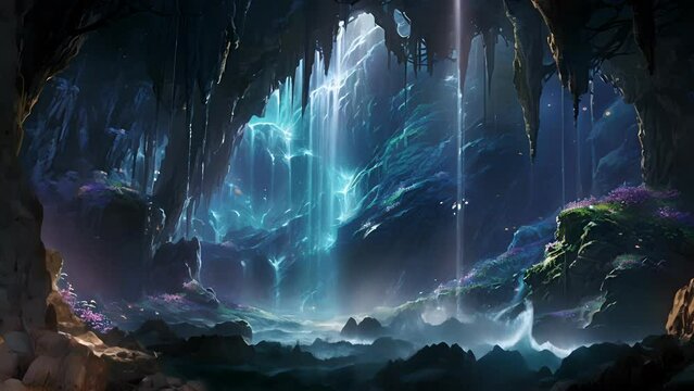 Beneath a cascading waterfall, a hidden grotto is revealed, its walls covered in sparkling crystals that shimmer in the moonlight and reflect the love and magic of the forest.