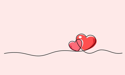 Two pink and red hearts. Valentine's day with continuous line drawing. Holiday and wedding design elements card, Symbol of love.