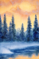 Watercolor landscape. Winter forest