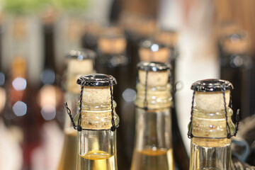 Bottles of brown glass, stock photo. Set of Empty Bottles. Drinks. glass bottles in the basket