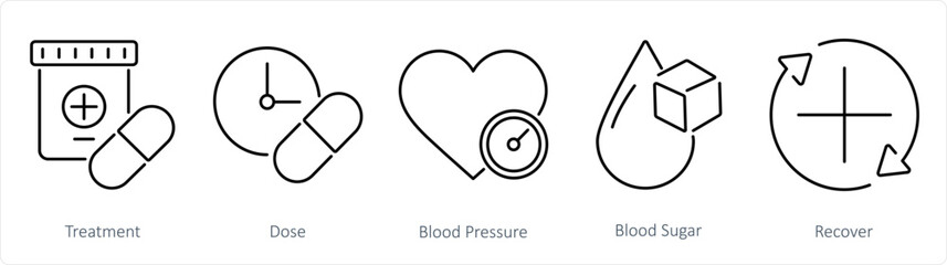 A set of 5 Health Checkup icons as treatment, dose, blood pressure