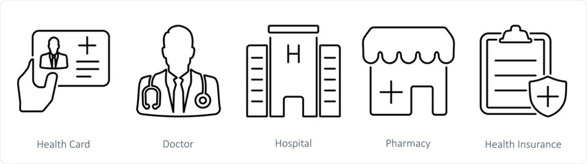 A set of 5 Health Checkup icons as health card, doctor, hospital