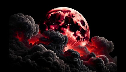 Red peals in black clouds against the background of the moon