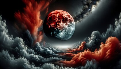 post-apocalyptic red moon against black clouds - obrazy, fototapety, plakaty