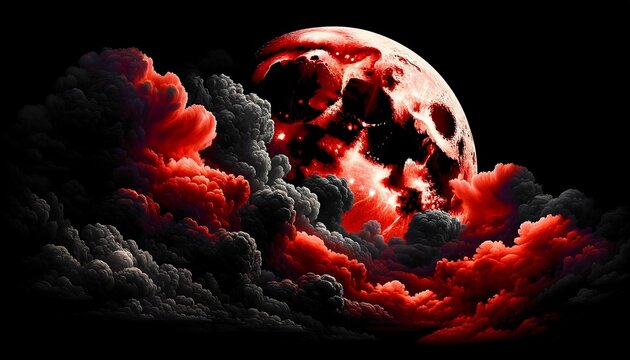 The big red moon peeks out from behind the black clouds
