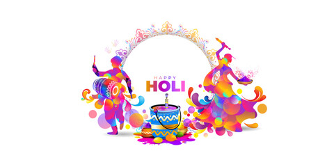 Indian holi festival greeting design. Indian hindu people couple playing with color and Happy holi text.
