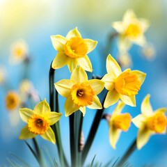 Beautiful floral spring abstract background of nature. Branches of blossoming yellow daffodils macro with soft focus on gentle light blue sky background.