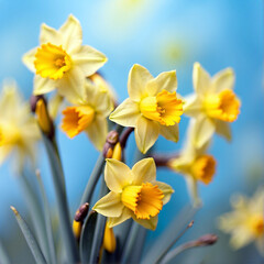 Beautiful floral spring abstract background of nature. Branches of blossoming yellow daffodils macro with soft focus on gentle light blue sky background.