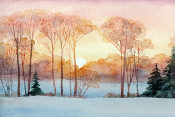 Trees in the winter forest. Watercolor landscape
