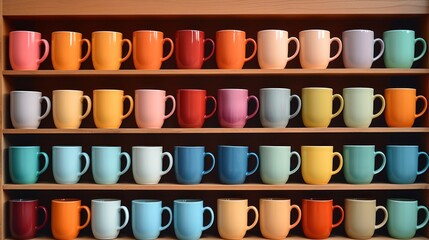 Rows of colorful ceramic mugs on a sunlit wooden shelf