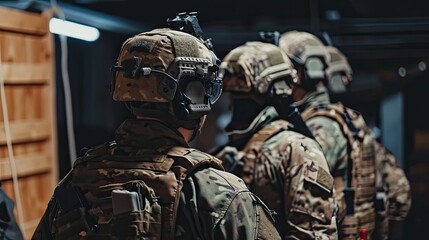 Group of special forces soldiers in a warehouse with weapons are preparing for an operation.
