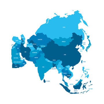 Political map of Asia. Blue colored land with country name labels on white background. Ortographic projection. Vector illustration