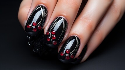 manicure: long nails in the form of almonds in black color with cherries 