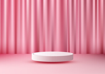 Showcase in Style, Minimalist Pink Podium with Sleek Drapes, Perfect Mockup Valentine Day