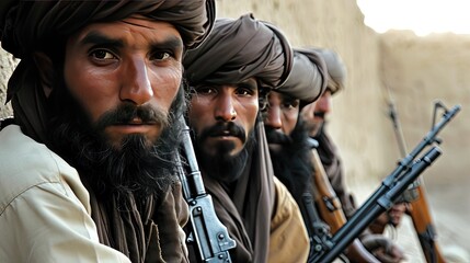 Obraz premium Squad of Islamic warriors with weapons in a desert. Liberators warriors in national costumes of their country. Close-up photo.