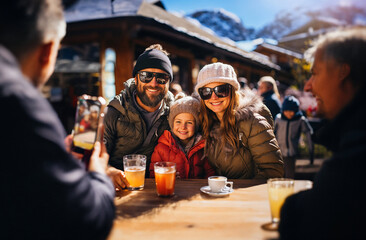Family on vacation in the mountains, sharing a drink with friends in a good mood, on a terrace. At the background, the snow-capped mountains. Generative ai