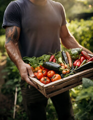 a tattooed gardener in his garden holding a crate with his harvest of fresh vegetables. Generative ai