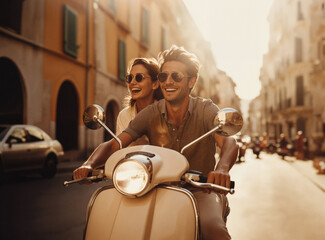 vacation in Italy, a young couple on a vintage scooter in the streets of Naples. Generative ai