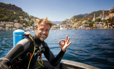 vacation in Italy, a smiling tourist returns from a scuba dive in the Mediterranean, he makes the ok sign. Generative ai