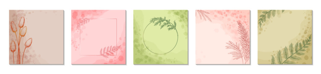 Spring summer loral social media square post templates set. Waterolor green, beige, pink, pastel abstract flower background and greeting cards design. Circle and square botanical plant frame