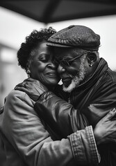 Elderly African couple hugs with love and romance. AI generated. Family of pensioners. Husband and wife. Old lovers. Valentines Day. Gray haired man and woman. Photorealistic black and white image.
