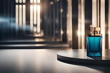 modern minimalist blue perfume flacon design , cosmetics branding and advertising presentation