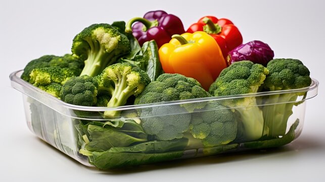 A transparent container filled with vibrant vegetables offers a rainbow of healthy options