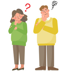 首をかしげて悩む女性と男性