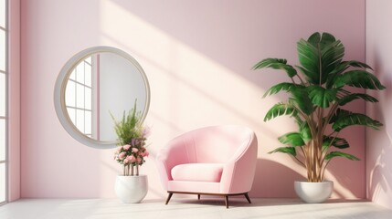 Fototapeta na wymiar Minimalistic and luxury pastel pink home interior with green velvet design armchair, plants and mirror