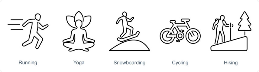 A set of 5 Hobby icons as running, yoga, snowboarding