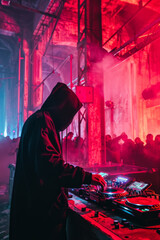 Hooded dj on stage plays techno on cd turntables to huge dancing crowd in abandoned factory with...