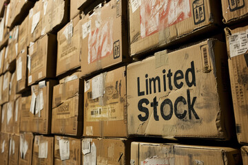 Fake scarcity concept image with huge wall of cardboard boxes with written limited stock on it for artificial scarcity - obrazy, fototapety, plakaty