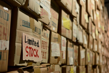 Fake scarcity concept image with huge wall of cardboard boxes with written limited stock on it for artificial scarcity
