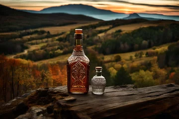 Gordijnen  precious ornamented liquor bottle in a beautiful natural  stone landscape © eric