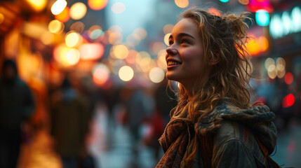 Imagine a bustling urban scene where a young smiling caucasian blonde European woman model strikes a spontaneous pose amidst the blur of city life - obrazy, fototapety, plakaty