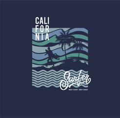 Vector illustration on the theme of surfing and surf in California. Vintage design. Sport typography, t-shirt graphics, print, poster, banner, flyer, postcard