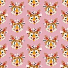Cute colorful seamless pattern, background, fox header. Vector illustration, design