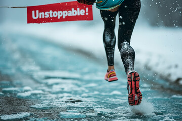 Unstoppable concept image with courageous woman runner legs running on cold winter day and red sign with written unstoppable word on snow day