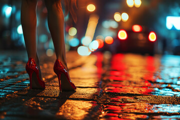 Legs of a beautiful girl wearing red high heels at night and sign glowing - obrazy, fototapety, plakaty