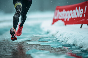 Unstoppable concept image with courageous woman runner legs running on cold winter day and red sign with written unstoppable word on snow day - obrazy, fototapety, plakaty