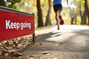 Keep going concept image with red Keep going sign and legs of a runner doing jogging in a park