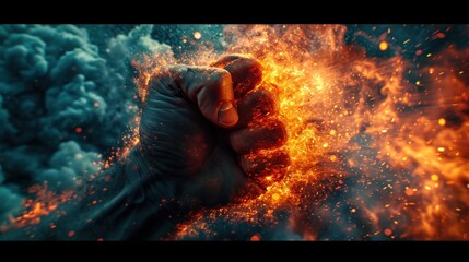 Clenched fist emanating fiery energy against a dramatic backdrop