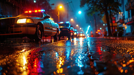 Police cars with flashing lights parked on a wet city street at night