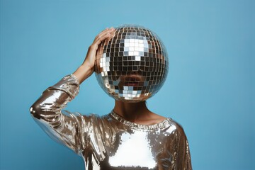 A fashionable woman wearing a silver outfit poses putting a vintage disco ball on her head, set against a blue studio backdrop. - obrazy, fototapety, plakaty