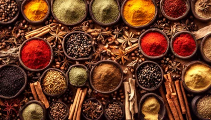 Fotobehang Beautiful Vast array of different spices, photojournalism, aerial top view, closeup depth of field, chroma, studio lighting, food photography. © Mithun