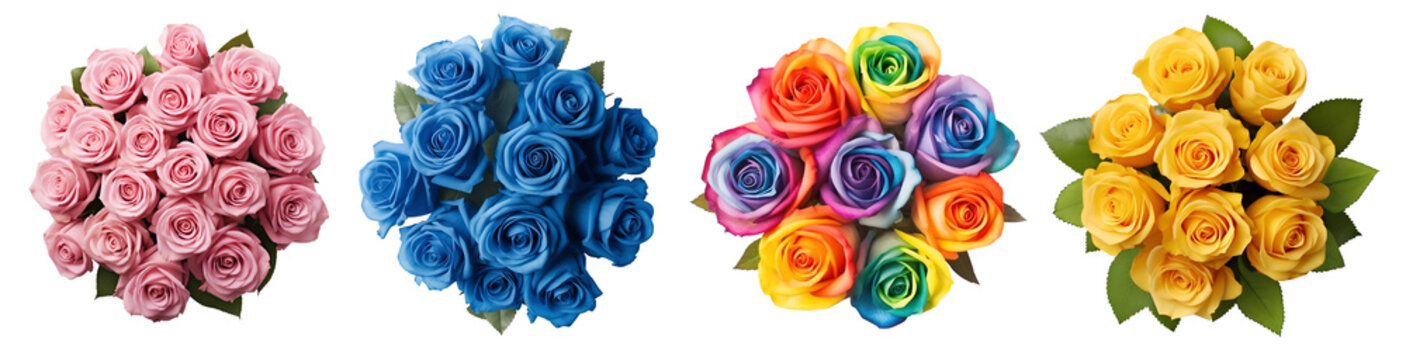 Collection set of salmon pink blue rainbow yellow bouquet bunch of rose roses flower floral top view on transparent background cutout, PNG file. Mockup template artwork graphic design