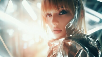 Portrait of a young blonde woman in a silver futuristic outfit - obrazy, fototapety, plakaty