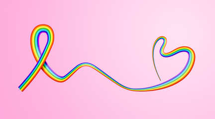 Obraz premium 3d Flag Of Rainbow Heart Shaped Wavy Awareness Ribbon flag On Soft Pink Background 3d Illustration